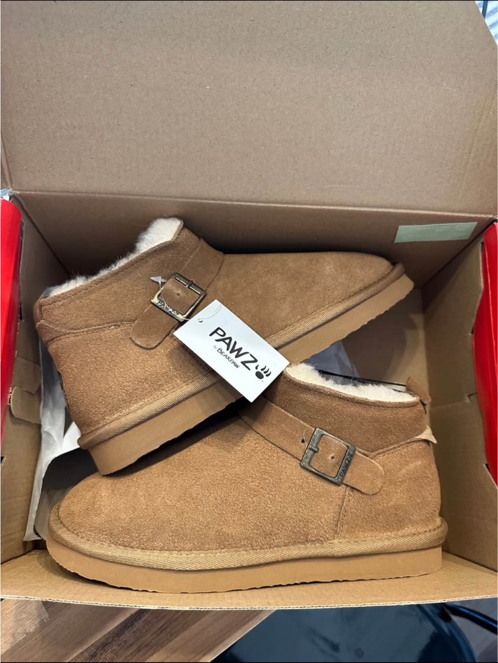 PAWZ Suede Shearling-Lined Ankle Boots in Chestnut Tan